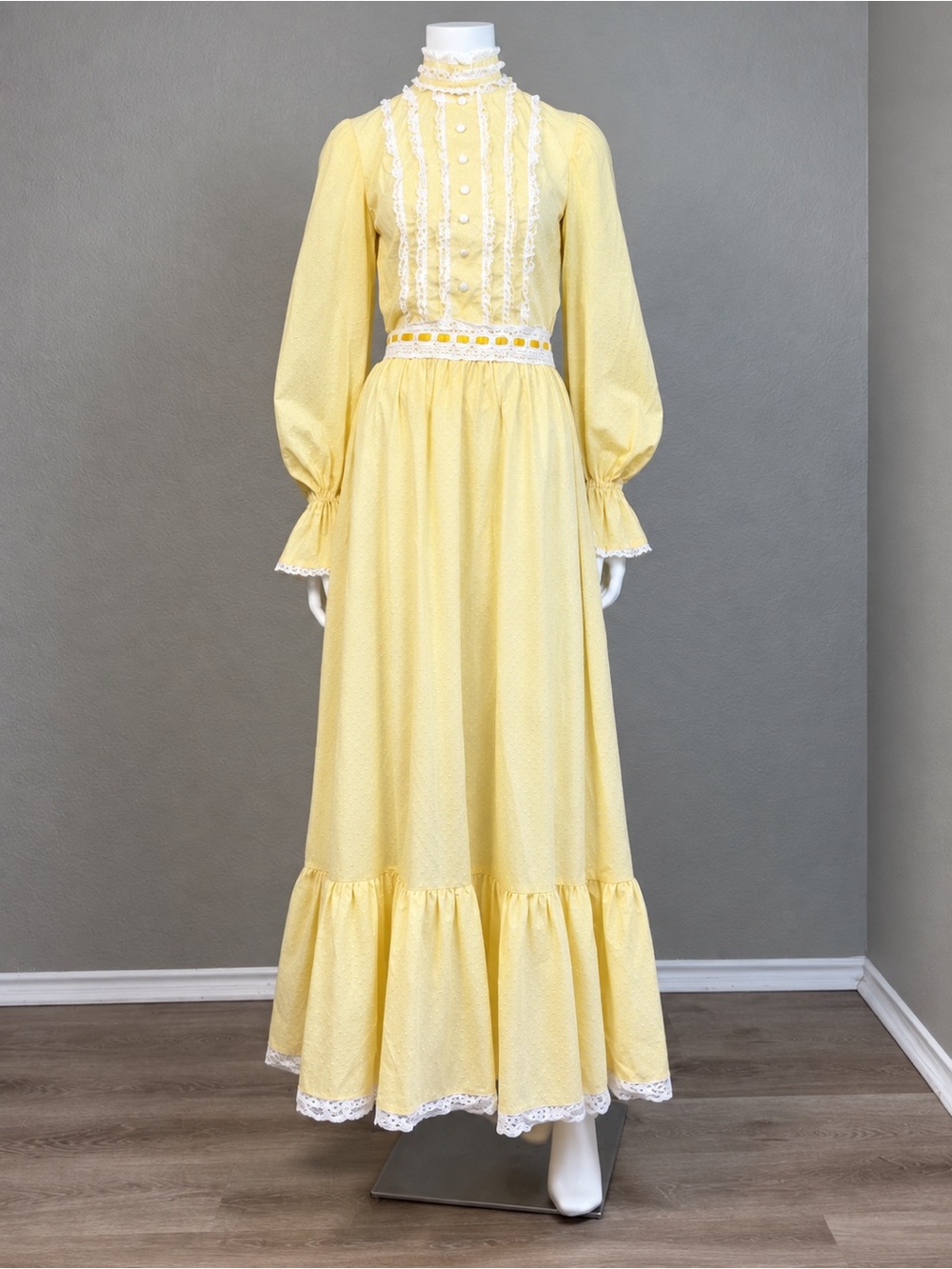 Vintage 1970s Handmade Edwardian Prairie Maxi Dress 5 Piece Yellow Lace Set XS